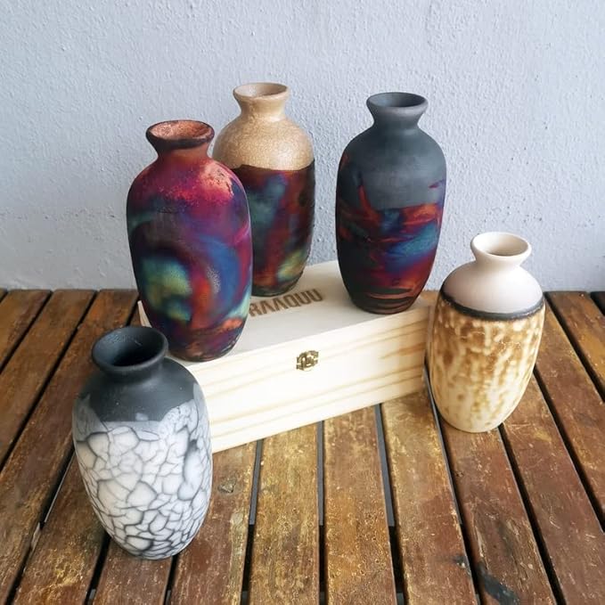 RAAQUU Koban 7 inch Raku Clay Ceramic Pottery Vase with Gift Box Corporate Gift in a Pine Box -Personalized Rustic Boho Handmade Gift in Smoked Raku