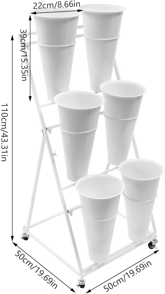 Flower Display Stand with 6 Buckets, 3 Layer Metal Plant Stand Indoor with Wheels, Heavy Duty Moving Flower Cart Flower Rack for Outdoor Patio, Garden, Florist