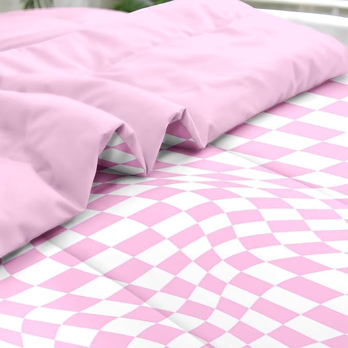 Comforter Set Twin Size, Pink White Geometric Checkerboard 5 Pcs Bedding for Kids and Adults, Chess Checkered Bedding Sets with Fitted Sheet Pillowcase & Sham for Bedroom Bed Decor
