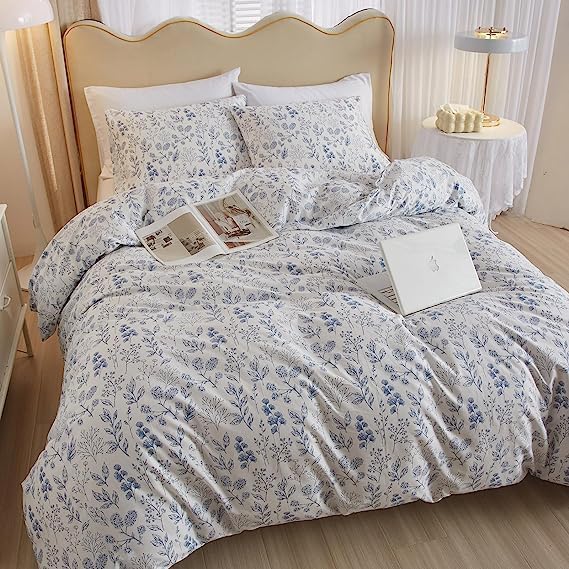 LifeTB Boho Floral Duvet Cover Twin Soft Cotton Blue Floral Bedding Sets Vintage Style Chic Flower Botanical Aesthetic Floral Comforter with Zipper Closure Twin(68''x86'')