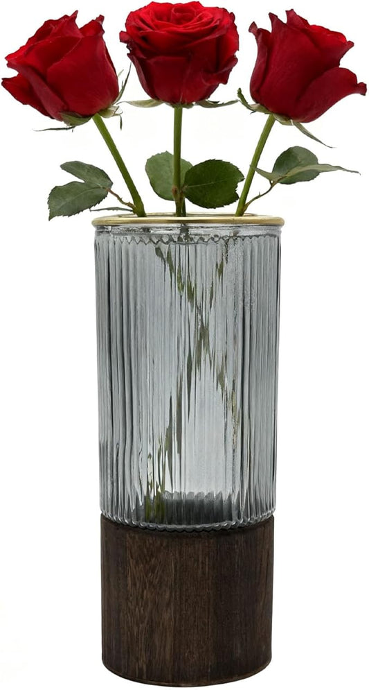 10 Inch Large Artistic Wood Base Glass Cylinder Flower Vase, Ins Modern Boho Water Stripe Style for Home Kitchen Fireplace Office Desks, Houses, Garden Decorations