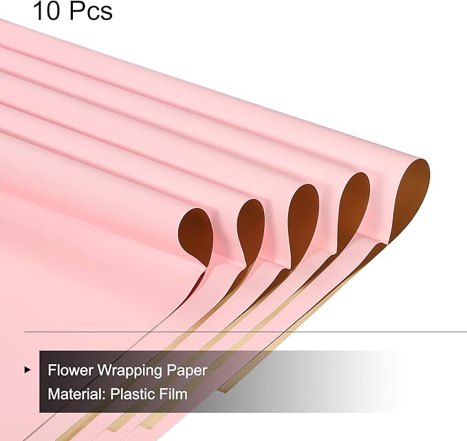 MECCANIXITY 10 Pcs Double Sided Color Flower Wrapping Paper Light Pink+Gold 22.8"x22.8" Waterproof for Florist Bouquet Supplies, DIY Crafts, Gift Box Packaging
