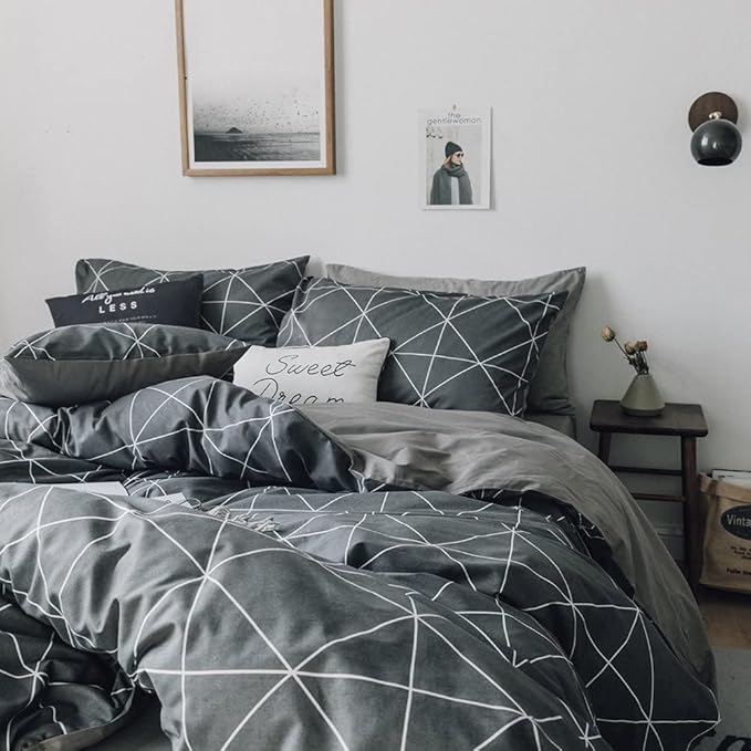 Grey Plaid Comforter Set King Geometric Plaid Bedding Comforter Set 3 Pieces Plaid Grid Comforter with 2 Pillowcases Fluffy Soft Checkered Pattern Comforter Set for All Season King Size Bed Set