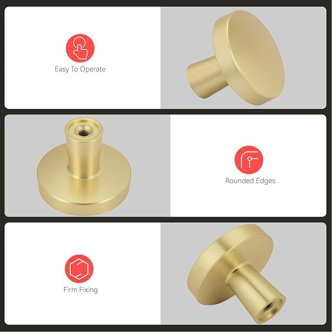 homdiy 5 Pack Gold Cabinet Knobs Round Brushed Brass Kitchen Handles Zinc Alloy Metal Hardware for Dresser Drawer Desk Cupboard