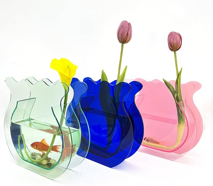 Acrylic Fish Bowl Flower Vase for Small Fish or Plant, Light Cyan Dual-Purpose Decorative Vase for Home Office, Modern Acrylic Bud Design Tabletop Décor (Light Cyan, Regular Size)