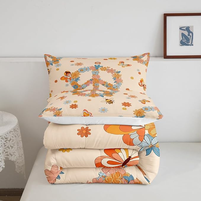 Retro 70s 60s Hippie Comforter Set Full Size,Groovy Flowers Butterfly Honeybee Bedding Comforters Room Decor,Floral Peace Symbol Quilt Set with 2 Pillowcases,Teens Present