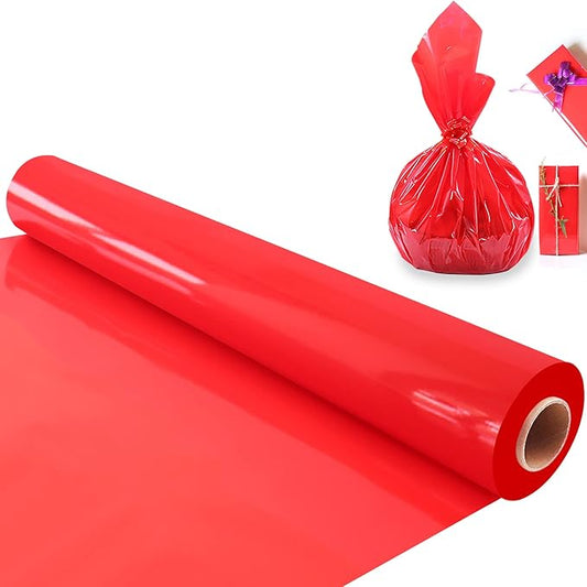 100 ftx34 in Extra Wide Red Cellophane Wrap, Translucent Festive Red Cellophane Wrapping Paper for Gift Baskets, Colored Cellophane Wrap Roll for Treats, Cookies, Holiday, Christmas Decoration