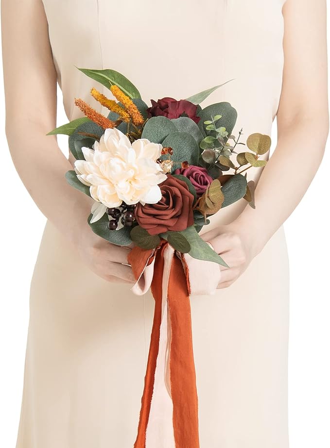 Ling's moment Artificial Flowers Terracotta Bridesmaid Bouquet, Fall Wedding Flowers Bouquets for Bridesmaids, 7 Inch Bridal Bouquets for Bridesmaids, Wedding Decor, Ceremony, Anniversary, etc