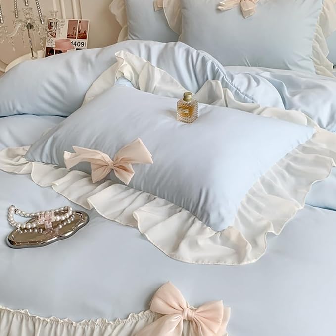 Girls Lace Bedding,Full Comforter Cover Set, Chic Ruffled Duvet Cover with Lovely Bow,Princess Style 1 Duvet Cover with 2 Pillowcases, No Comforter-Blue,Full Size