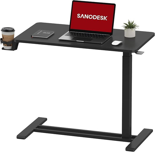 SANODESK Mobile Standing Desk with Hidden Wheels,Pneumatic Laptop Desk Rolling Computer Cart Movable Height Adjustable Small Sit Stand Desk for Home Office(31.5" W x 17.7" D, Black)
