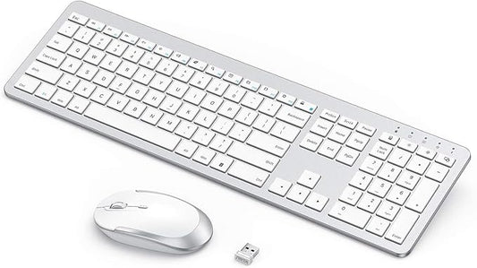 Wireless Keyboard and Mouse - Rechargeable Full Size Flat Keyboard & Mouse Sets with Build-in Lithium Battery, Ultra Thin Quiet Keyboard Mice - Silver and White
