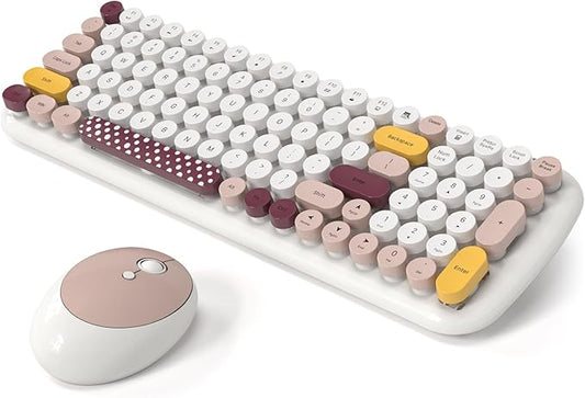 Wireless Keyboard and Mouse Combo, MOWUX - Modern Compact Layout, Colorful Compact Candy Mouse and Retro Round Keyboard Set with Cover, for PC/Laptop/Windows/Mac - Off-White Colorful