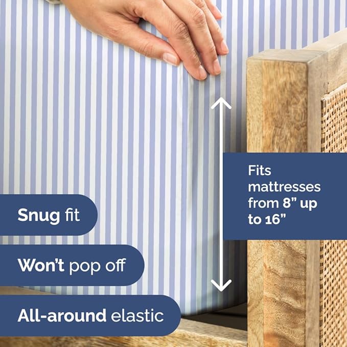 Sky Blue and White Striped Sheets - 1 Flat & 1 Fitted Sheet & 1 Pillowcase w/ Deep Pockets - Comfy, Wrinkle & Fade Resistant - Soft, Breathable & Cooling - Pinstripe Patterned Bedding - Twin Size