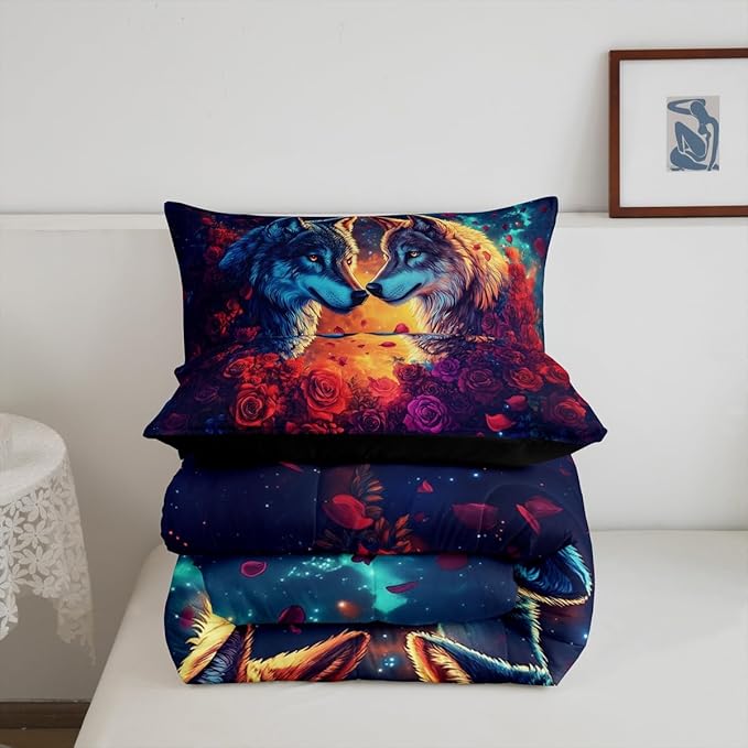Wolf Comforter Set Twin Size,Wild Animal Print Couple Theme Reversible Bedding Set for Kids Boys Men,Romantic Red Rose Flowers Watercolor Galaxy Quilted Duvet Set with 1 Pillowcase