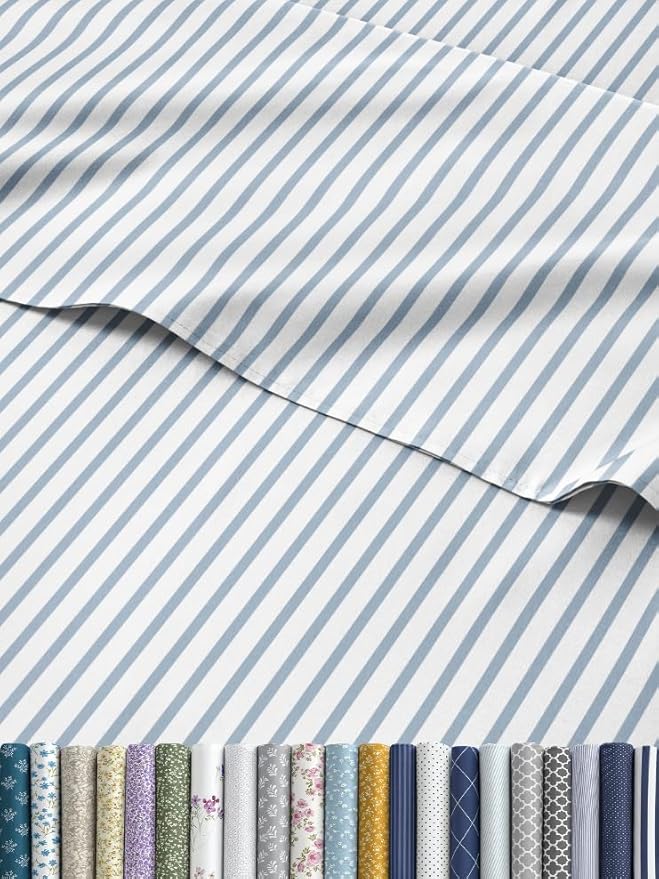 Striped Sheets - Blue & White Striped Sheets - 1 Flat & 1 Fitted & 2 Pillowcases w/ Deep Pockets – Comfy, Wrinkle & Fade Free - Soft, Breathable & Cooling - Luxury Pinstripe Bedding - Full Size Set