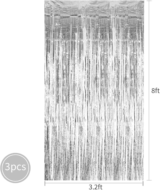 3Pcs Silver Metallic Tinsel Foil Fringe Curtains,3.2ft*8ft Silver Photo Booth Backdrop Streamer Curtain,Photo Booth Props,Ideal for Bachelorette,Birthday,Christmas,New Year Party Decorations