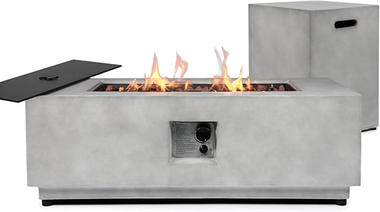 SiTimmGer 2 Pieces 42-Inch Outdoor Propane Fire Pit Table w/Tank Cover - 50,000 BTU, Concrete Rectangle Firepits | Integrated Ignition, Steel Lid, Lava Rocks & Rain Cover Included