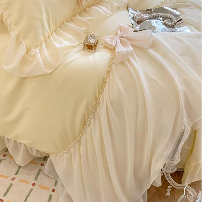 Chic Lace Bedding,Girls Twin Aesthetic Comforter Cover Set,Romantic French Princess Style Ruffled Duvet Cover with Lovely Bow with Zipper Closure-Yellow,Twin Size