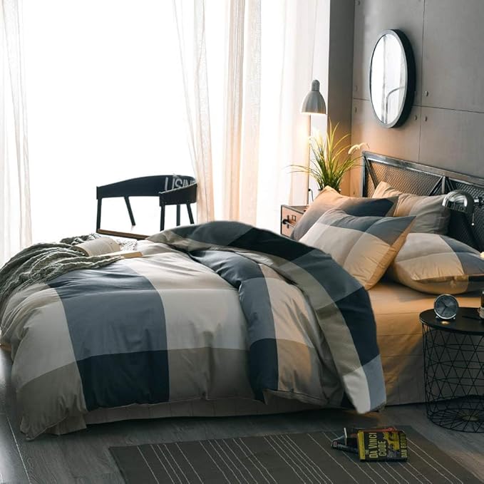 Queen Comforter Set Fluffy Plaid Checkered Pattern Comforter Set Modern Style Geometric Comforter with 2 Pillow Shams Grid Plaid Bedding Comforter for Boys Men All Season Queen Size Bed Comforter Set