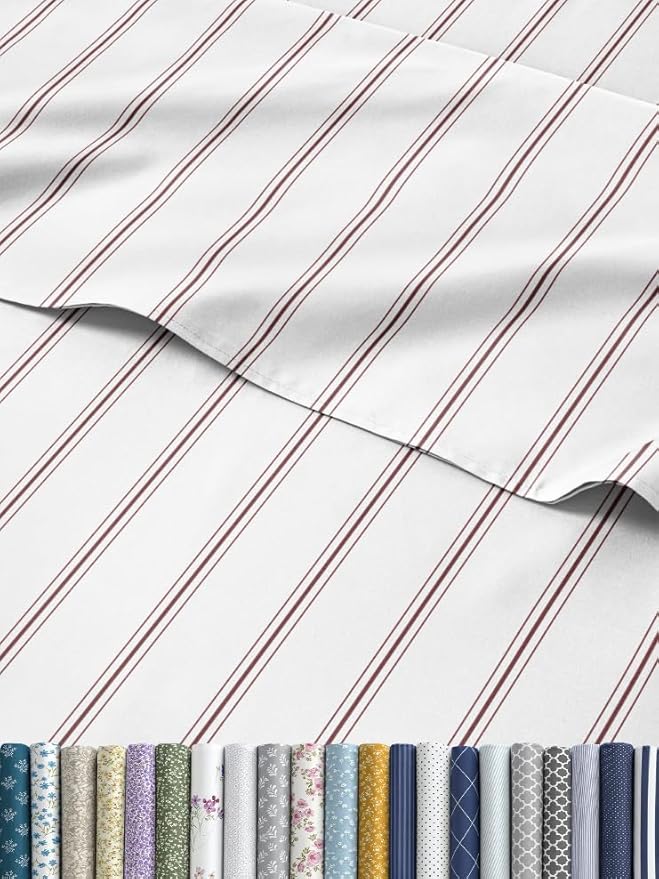 Striped Sheets - Red & White Striped Sheets - 1 Flat & 1 Fitted & 2 Pillowcases w/ Deep Pockets – Wrinkle & Fade Free - Ultra-Soft, Breathable & Cooling – Luxury Pinstripe Bedding - King Size Bed Set