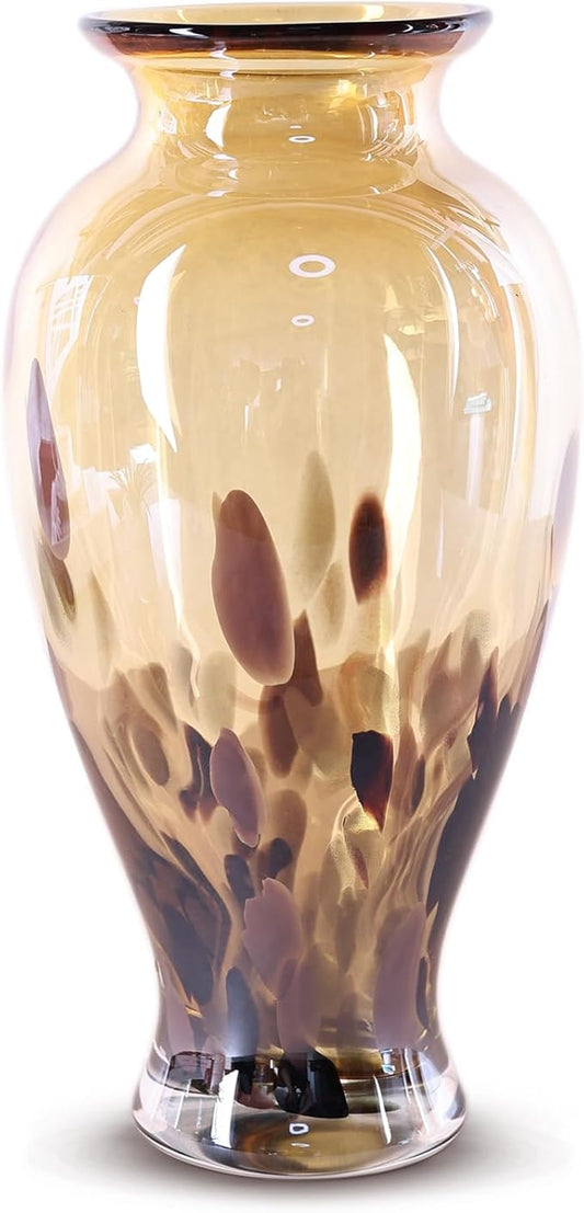 11.8" Tall Amber Gold Glass Vase Beautiful Hand Blown Glass Vase Modern Art Home Decor, Wide Mouth Colorful Vases for Mantle Dining Table Centerpiece, Entryway Living Room Wedding Decoration