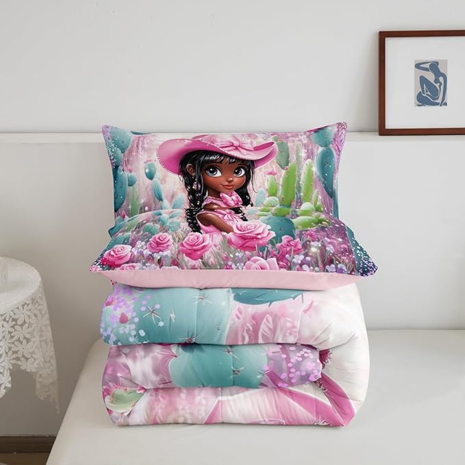 Pink Cowgirl Comforter Set King Size,Reversible Southwest African Style Black Bedding Set All Season Quilt Set,Western Floral Desert Cactus Sparkling Microfiber Polyester Down Comforter