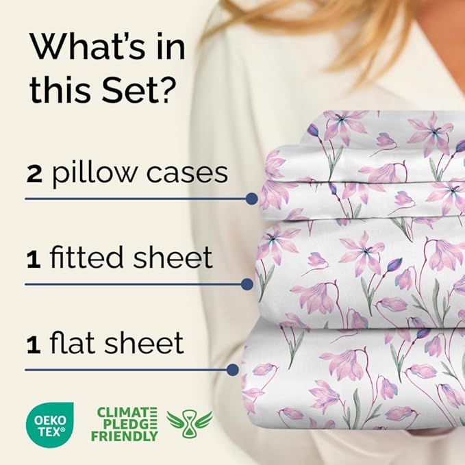 Floral Sheets - Pink Floral Bed Sheet Set - 1 Flat & 1 Fitted & 2 Pillowcases w/ Deep Pockets - Comfy, Wrinkle & Fade Free - Boho Botanical Bedding - Ultra-Soft, Breathable & Cooling - King Size Set