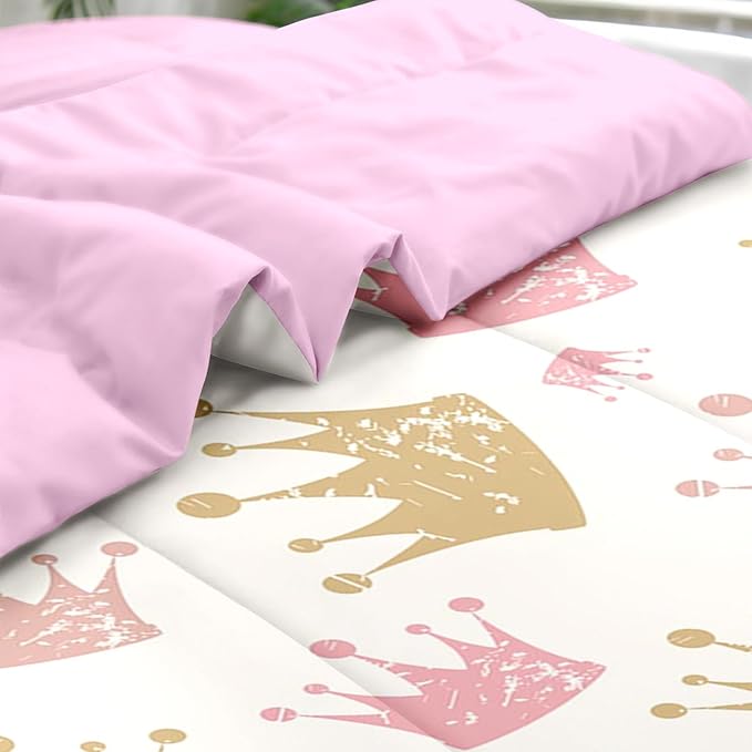 Comforter Set King Size, Cute Kids Crown 7 Pcs Bedding for Kids and Adults, Pink Princess Girls Bed Sheet Sets with Fitted Sheet 2 Pillowcase & 2 Sham for Bedroom Bed Decor
