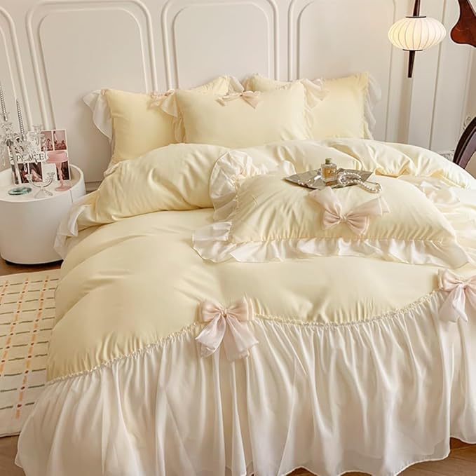 Lace Ruffled Bedding Bow Duvet Cover Set with Butterfly Tie, Soft Brushed Microfiber Shabby Chic Bedding Set with Zipper Closure-Yellow,Queen Size