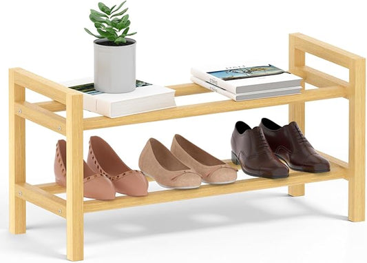 Haddockway Bamboo Shoe Rack for Closet, Free Standing Shoe Organizer with Smooth Round Rods & Convenient Handles, Stackable Shoe Storage Shelf for Entryway, Hallway(Natural, 2-Tier(Small))