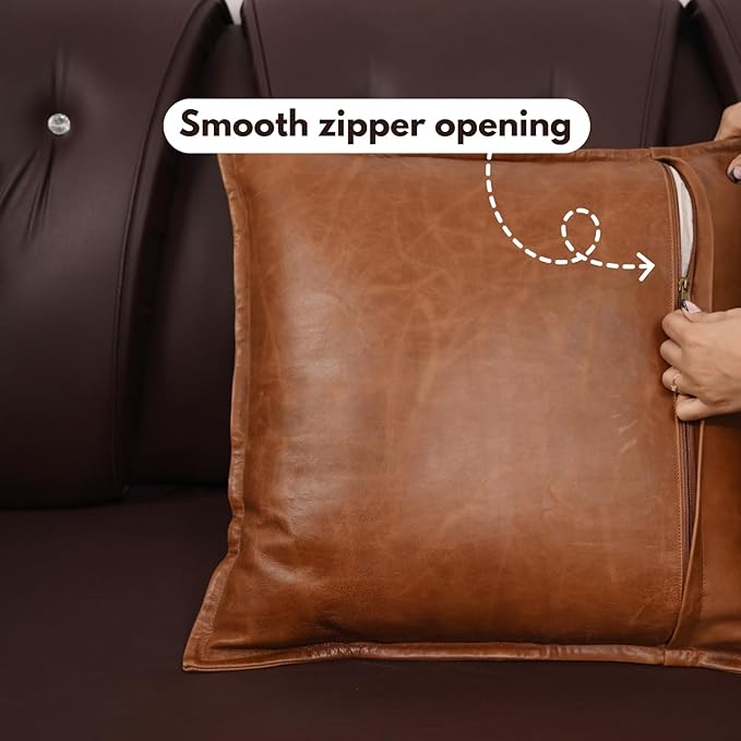 D DOLLY LAMB Lambskin Leather Pillow Cover - Sofa Cushion Case - Decorative Throw Covers for Living Room & Bedroom, 14x14 Inches - Tan Orange Box Pack of 1