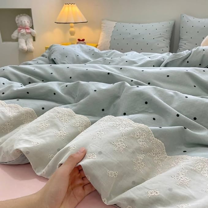 Twin XL Comforter Set Lightweight Polka Dots Comforter for Girls Teens Fluffy Soft Microfiber Princess Style Lace Bedding Comforter with 2 Pillowcases Cute Black Dots Pattern Blue Comforter Set