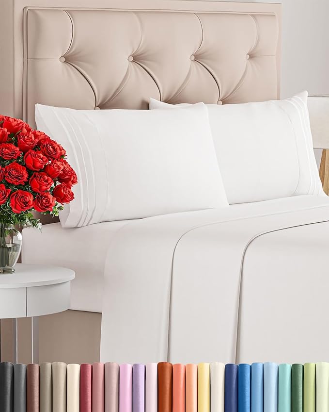 Cal King Size 4 Piece Sheet Set - Comfy Breathable & Cooling Bed Sheets Set - Hotel Luxury Bedding for Women, Men, Kids, Teens, Boys & Girls - Deep Pockets and Wrinkle Free - Oeko-Tex - Antique White