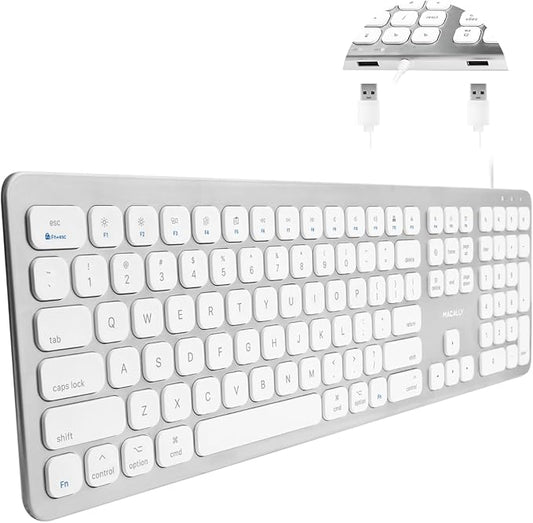 Macally Wired Keyboard for Mac with USB Ports for Mouse - Compatible Apple Keyboard for MacBook Pro/Air, iMac - Aluminum Frame