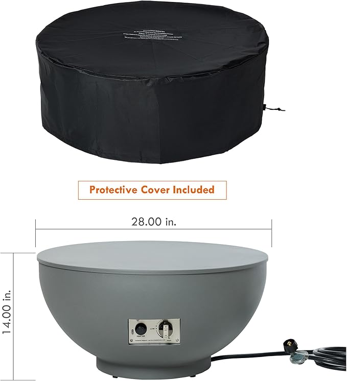 28-Inch Fire Table, 58,000 BTU Oudoor Propane Fire Pit, Patio Round Fire Bowl Gas Firepit with Lid, Lava Rocks, Cover, Pre-Attached 10FT Propane Hose, Gray