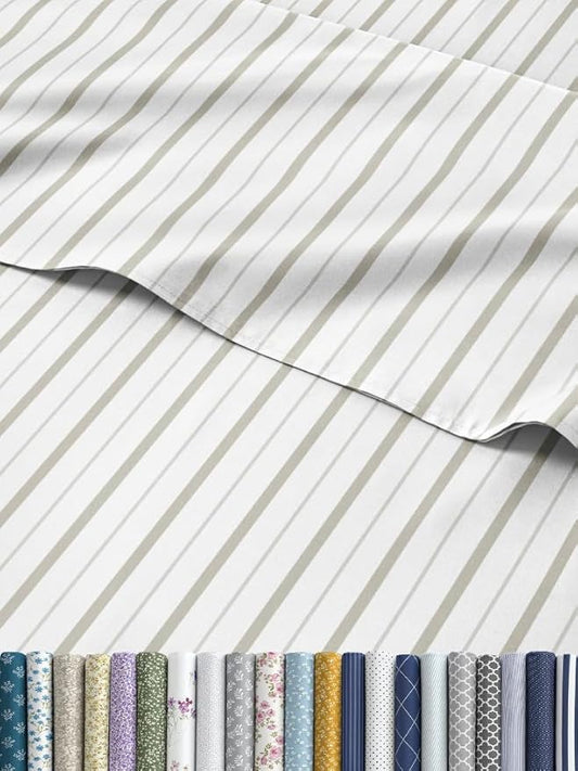 Striped Sheets - Light Grey & White Striped Sheets - 1 Flat & 1 Fitted & 1 Pillowcase w/ Deep Pockets – Wrinkle & Fade Free - Soft, Breathable & Cooling – Luxury Pinstripe Bedding - Twin Size Bed Set