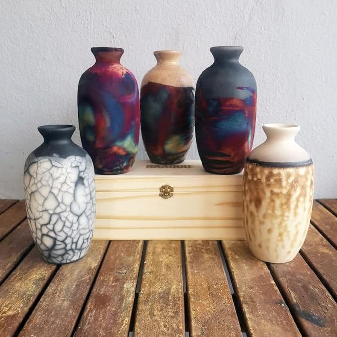 RAAQUU Koban 7 inch Raku Ceramic Clay Pottery Vase with Gift Box Corporate Gift in a Pine Box -Personalized Rustic Boho Handmade Gift in Half Copper Matte