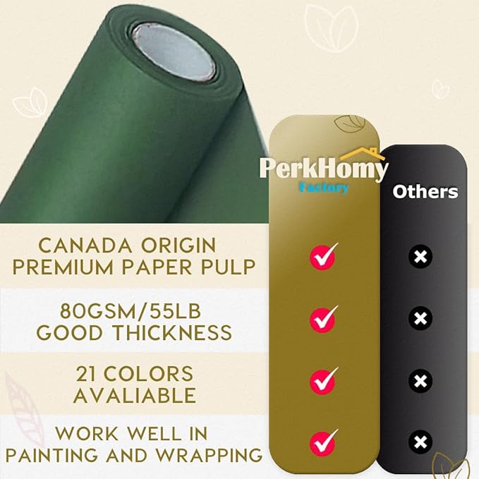 PerkHomy Dark Green Kraft Paper Roll 17.5" x 960" (80') for Gift Wrapping Bouquet Flower Art Painting Craft Writing Packaging Shipping 80GSM 55LB (Dark Green, 17.5" x 80')