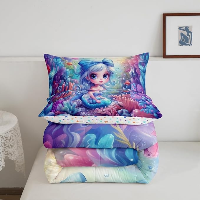 Cute Mermaid Comforter Set Twin Size,Beautiful Mermaid Fairy Tale Reversible Bedding Set for Kids Boys Men,Watercolor Coral Cartoon Undersea World Quilted Duvet Set with 1 Pillowcase