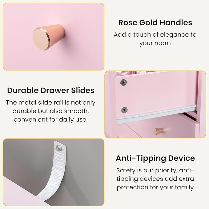 Karl home Pink 6 Drawer Dresser for Bedroom, Tall Dresser Chest of Drawers, Wood Pink Bedroom Dressers for Girls, Anti-Tipping Device, Rose Gold Metal Handle, Living Room, Entryway, Hallway, Office