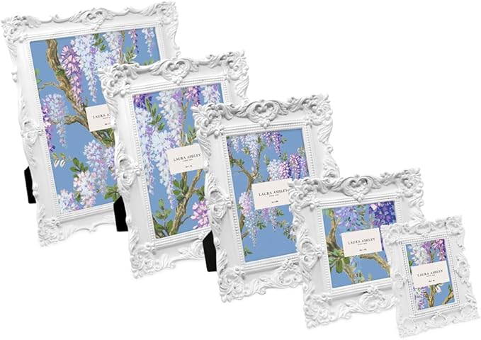 Laura Ashley 4x6 White Ornate Textured Hand-Crafted Resin Picture Frame with Easel & Hook for Tabletop & Wall Display, Decorative Floral Design Home Décor, Photo Gallery, Art, More (4x6, White)