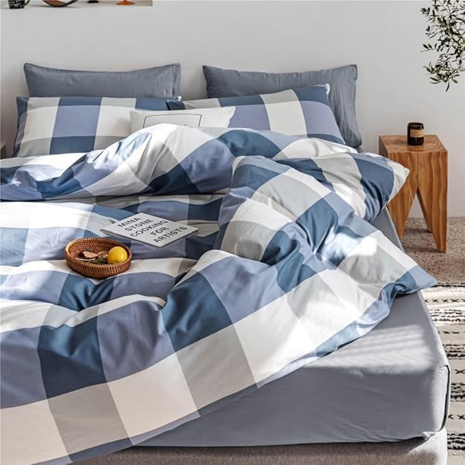 Plaid Comforter Set Blue White Checkered Bedding Comforter King Size Fluffy Soft Geometric Plaid Grid Comforter Set for All Seasons Farmhouse Bedding Set Checkered Pattern Comforter with 2 Pillowcases