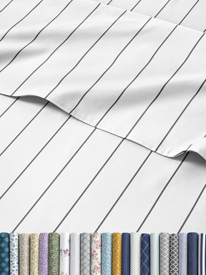 Striped Sheets - Grey Striped Sheets - 1 Flat & 1 Fitted & 2 Pillowcases w/ Deep Pockets – Comfy, Wrinkle & Fade Free - Ultra-Soft, Breathable & Cooling – Luxury Pinstripe Bedding - Queen Size Bed Set