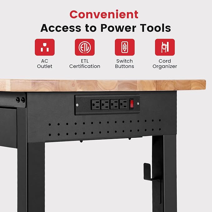 Work Bench with Storage Adjustable Workbenches with Drawer for Garage 48 Inch Rubber Wood Top Garage Workbench with Pegboard, Power Outlets for Woodworking,Home, Office, Workshop