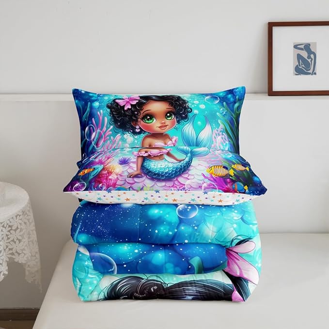 Cute Mermaid Comforter Set Queen Size,Reversible Cute Girl Fish Scale Print Black Bedding Set for Women Adult,African Style Cartoon Fairy Tale Theme Luxury Bed Duvet Insert, 2 Pillowcases
