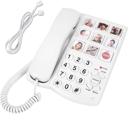 Skiennix Corded Landline Phone - Memory Aid for Seniors with 9 Big Picture Buttons & One-Click Dialing | 110dB Loud Ringer for Hearing & Memory Support