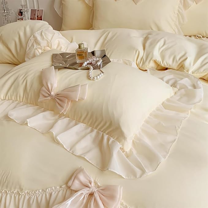 Ruffled Bedding Bow Duvet Cover Set with Butterfly Tie, Full Comforter Cover Set, Shabby Chic Bedding Set,Romantic French Princess Style -Yellow,Full