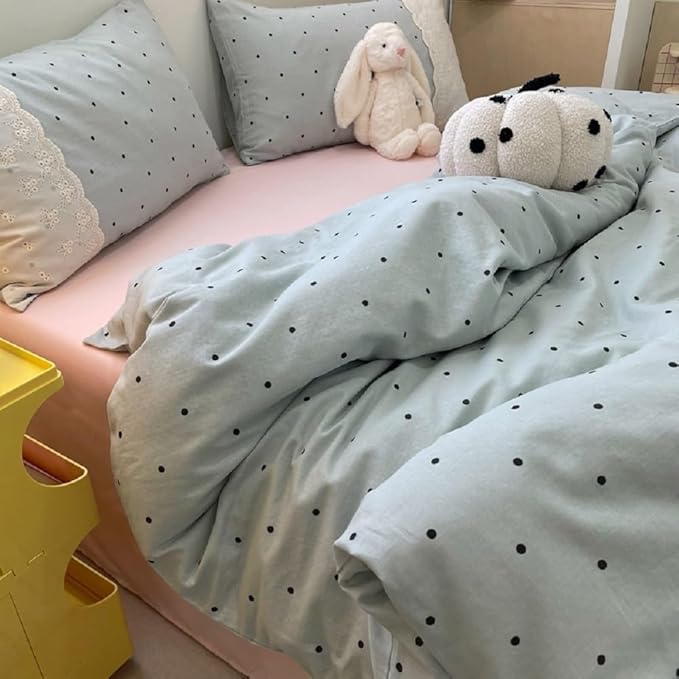 LifeTB Polka Dots Comforter Set King Aesthetic Princess Style Lace Comforter with 2 Pillowcases Fluffy Soft Cute Black Dots Bedding Set Lightweight Romantic Lace Design Reversible Bed Comforter Set