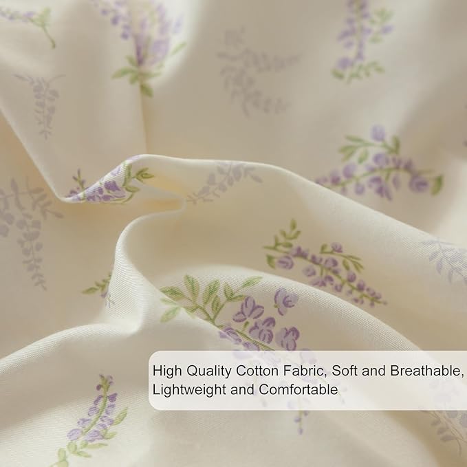 EAVD Garden Purple Floral Duvet Cover Full Girls Soft Cotton Chic Shabby Lavender Floral Print Bedding Set with 2 Pillowcases Vintage Botanical Duvet Cover with Zipper Closure