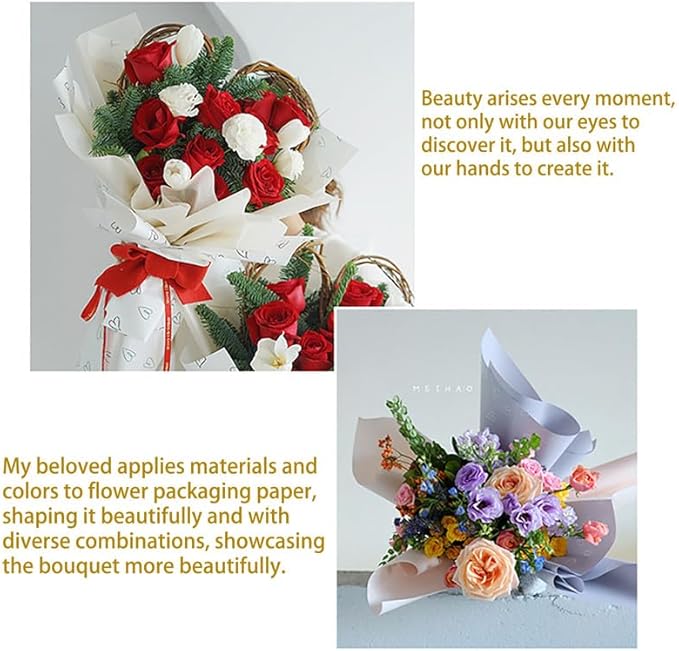 MLSG 20 Sheet Solid Color Heart Wrapping Paper - Waterproof Floral Bouquet Wrapping Paper, Florist Supplies Packaging Paper for Wedding Birthday Gift Wrap Paper (Red Gold)